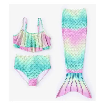 3pcs Todder/Kid Girl Ruffled Top and Bottom and Mermaid Tail Swimsuits Set