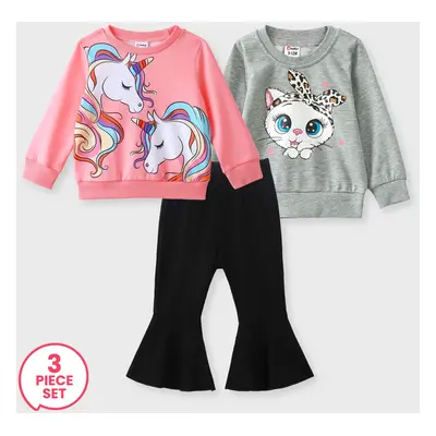 3-Pack Baby Girl Cat & Unicorn Print Long-sleeve Pullover Sweatshirt and Solid Basic Ribbed Pant