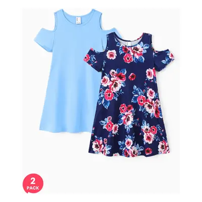 2pcs Kid Girl Floral & Solid Hollow-out Casual Dresses