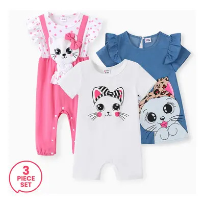 3-Piece Baby Girl Sweet 3D Cat Jumpsuit and Cute Cat Print Ruffled Dress and Romper Set