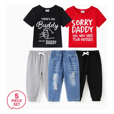 5-Piece Baby Boy Letter Print Tee and Ripped Jeans and Sweatpants Set