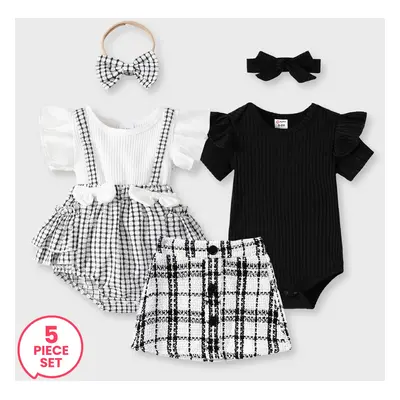 5-Pack Baby Girl Bowknot Grid Ruffled Romper with Headband &Ribbed Romper and Tweed Skirt with H