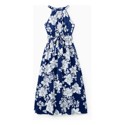 Family Matching Sets Blue Satin Floral Shirt or High Neck Halter Belted Sleeveless A-Line Silky 