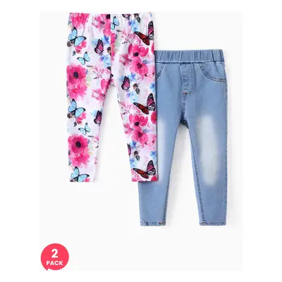 Toddler/Kid Girl 2pcs Floral Print Leggings ＆Solid Denim Jeans Set