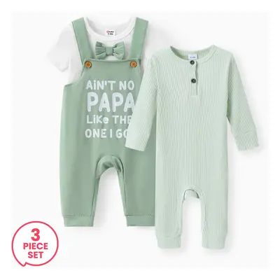 3-Piece Baby Boy Cotton Ribbed Button Up Jumpsuit and Bowknit Romper and Letter Print Overalls S