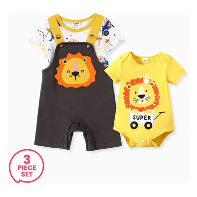 3-Piece Baby Boy Lion Print Romper and Lion Embroidery Overalls Set