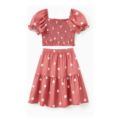 Mommy and Me Matching Polka Dot Shirred Top and A-Line Tiered Skirt Co-ord Sets