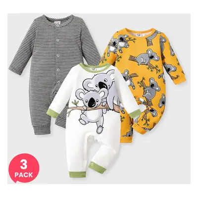 3-Pack Baby Boy/Girl Childlike Koala Button Long Sleeves Jumpsuits