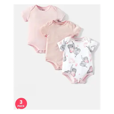 3-Pack Baby Girl/Boy Elephant Print/Solid Color Short-sleeve Rompers