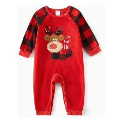 Christmas Family Matching Reindeer Embroidered Red Plaid Raglan-sleeve Thickened Polar Fleece Pa