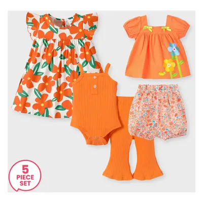 5-Pack Baby Girl Floral Print Square Neckline Top and Shorts Set & Ribbed Cami Romper and Flared