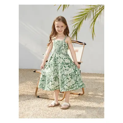 Family Matching Leaf Print Short-sleeve Shirt or Halter Dress Green Set