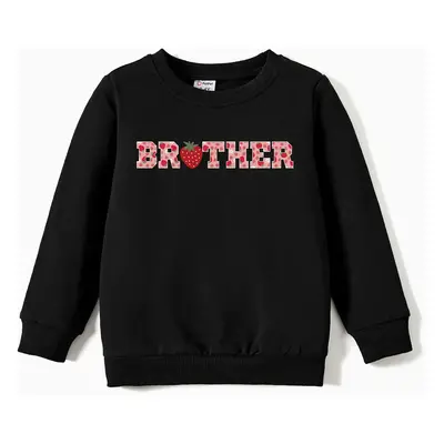 Valentine's Day Family Matching Strawberry and Letter Print Long-sleeve Black Tops