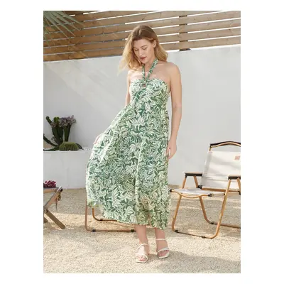 Family Matching Leaf Print Short-sleeve Shirt or Halter Dress Green Set