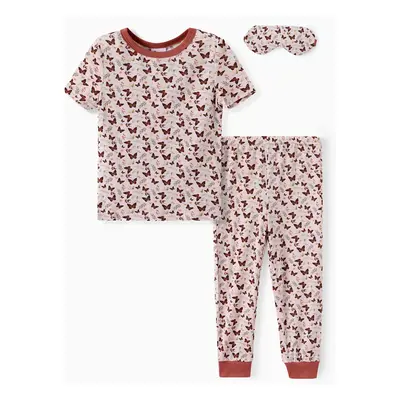 Bamboo Viscose Toddler Girl 3pcs Printed Snug Fit Pajamas with Eye Mask Set