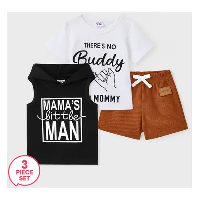 3-Piece Baby Boy Cotton Hooded Tank Top and Letter Print Tee and Badge Detail Shorts Set