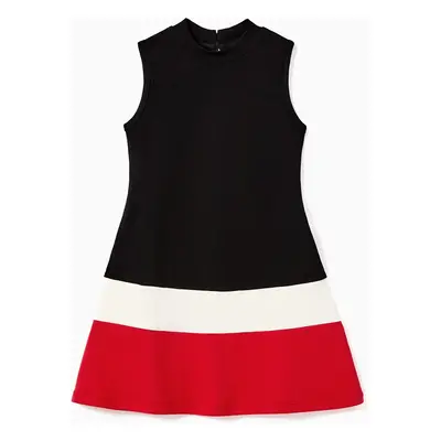 Family Matching Triple Colorblock T-shirt and Splicing Ruffle Hem Dress Sets