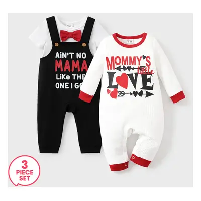 3-Pack Baby Boy Valentine's Day Bowknit Romper and Letter Print Overalls Set & Casual Jumpsuit