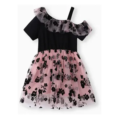 Kid Girl Floral Pattern Flounce One Shoulder Strap Short-sleeve Mesh Splice Dress