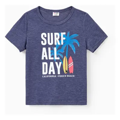 Family Matching Sets Deep Blue Coconut Tree and Slogan Printed Tee or Short Sleeves A-Line Dress