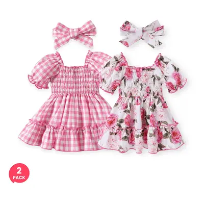 2-Pack Baby Girl Ruffled Puff-sleeve Dress with Headband