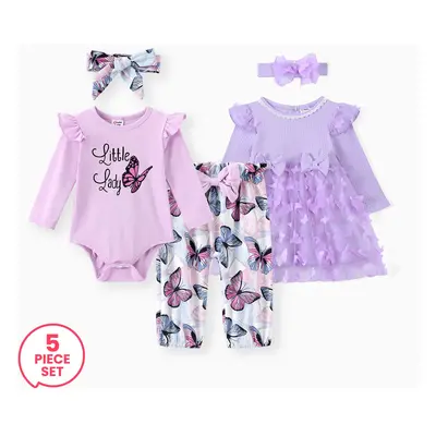 5-Pack Baby Girl 3D Butterfly Mesh Fairy Dress with Headband & Letter Ruffled Romper and Printed