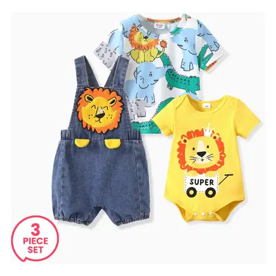 3-Piece Baby Boy Lion Print Tee and Romper and Lion Applique Denim Overalls Set