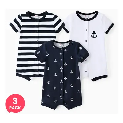 3-Pack Baby Boy Print/Striped Short-sleeve Snap Romper