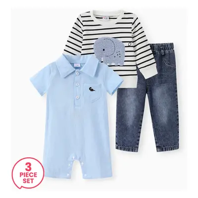 3-Piece Baby Boy Cotton Striped Sweatshirt and Denim Jeans and Cotton Lapel Neck Jumpsuit Set