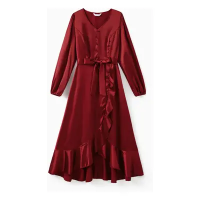 Red Matching Family Outfits Silky Satin Long Puff Sleeves Dress or Plaid Shirt