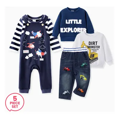 5-Pack Baby Boy Airplane Pattern Overalls and Striped Tee Set & Vehicle Sweatshirt & & Letter Sw