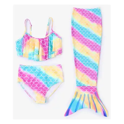 3pcs Todder/Kid Girl Ruffled Top and Bottom and Mermaid Tail Swimsuits Set