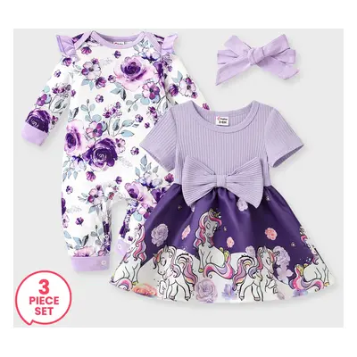 3-Pack Baby Girl Outfits Naia Floral Sweet Long Sleeve Jumpsuit with Headband & Colorblock Unico