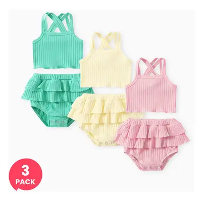 3-Pack Baby Girl Solid Tank Top and Ruffled Shorts Set