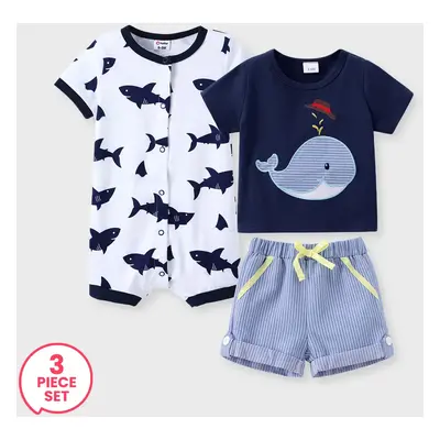 3-Pack Baby Boy Whale Pattern Embroidery Short Sleeve Set & Shark Print Short-sleeve Snap Romper