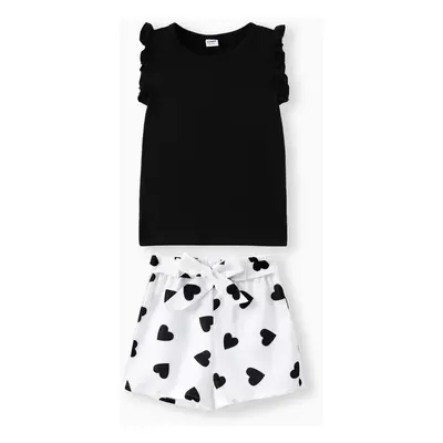 2pcs Kid Girl Flutter-sleeve Tee and Heart Print Belted Shorts Set