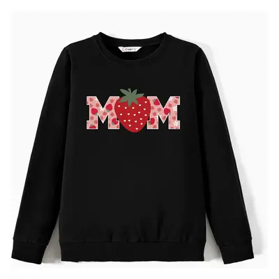 Valentine's Day Family Matching Strawberry and Letter Print Long-sleeve Black Tops