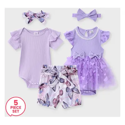 5-Pack Sweet Baby Girl Mesh Ruffled Romper with Headband Set & Ribbed Romper & Belted Shorts & H