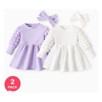 2-Pack Baby Girl Puff-sleeve Dress with Headband