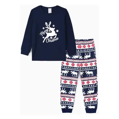 Christmas Deer and Letters Print Navy Family Matching Long-sleeve Pajamas Sets (Flame Resistant)