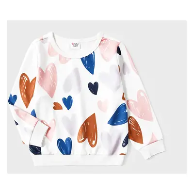 Family Matching Allover Heart Print and Colorblock Ribbed Long-sleeve Sweatshirts