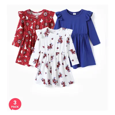 3-Pack Toddler Girl Floral Print Flutter-sleeve Dress