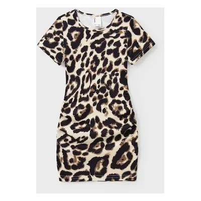 Family Matching Colorblock Short-sleeve Top and Leopard Body-con Dress