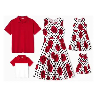 Family Matching Allover Red Rose Floral & Dots Print Tank Dresses and Short-sleeve Polo Shirts S