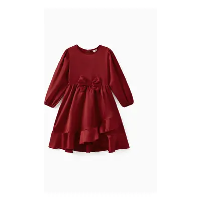 Red Matching Family Outfits Silky Satin Long Puff Sleeves Dress or Plaid Shirt