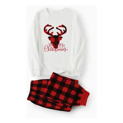 Christmas Family Matching Deer & Letter Embroidered Thickened Polar Fleece Long-sleeve Red Plaid