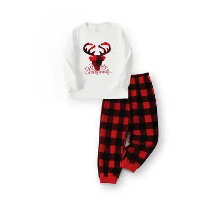 Christmas Family Matching Deer & Letter Embroidered Thickened Polar Fleece Long-sleeve Red Plaid