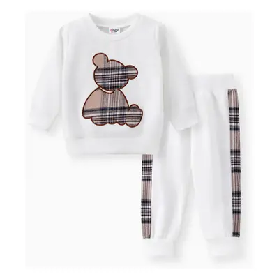 Baby Clothes For Boy/Girl 2pcs Plaid Print Bear Embroidered Sweatshirt and Pants Set