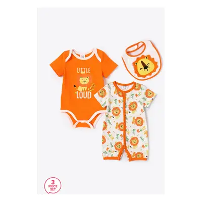 Baby Boy/Girl 3pcs Lion Print Romper and Jumpsuit and Bib Set