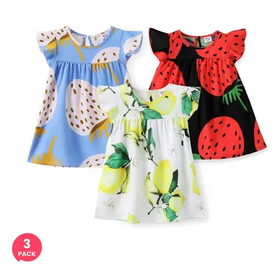 3-Pack Baby Girl Fruit Print Flutter-sleeve Dress